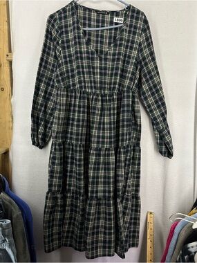 Bloomchic Plaid Long Sleeve Peasant Dress Womens 10 Green